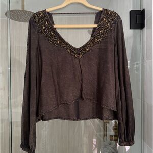 V-Neck Brown Long-Sleeve Women's Top